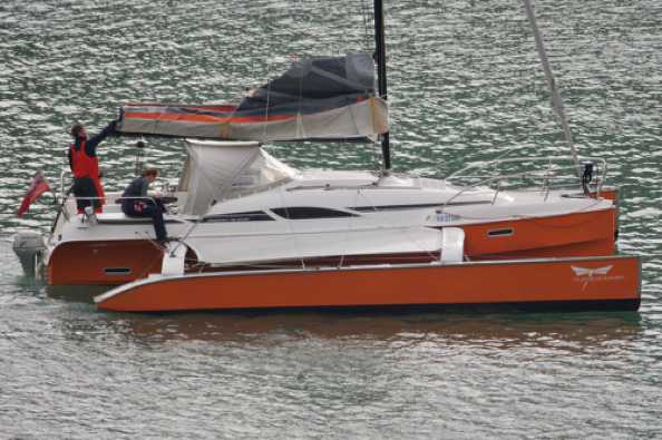 25 July 2020 - 07-51-09
Another Dragon 28 sport trimaran seen in the harbour. This one is called FlameSkimmer.
----------------------
Trimaran FlameSkimmer in Dartmouth